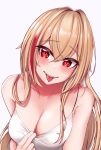  1girl absurdres airbo bare_shoulders blonde_hair breasts camisole collarbone fangs girls&#039;_frontline highres long_hair m4_sopmod_ii_(girls&#039;_frontline) medium_breasts multicolored_hair red_eyes red_hair smile solo spaghetti_strap streaked_hair tongue tongue_out upper_body white_camisole 