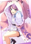 1girl :d absurdres animal_hood ankle_socks ankle_strap aqua_eyes black_footwear blush coat commentary cross-laced_clothes cross-laced_coat frilled_legwear hair_ornament hairclip hand_puppet highres hood hood_up knee_up looking_at_viewer multiple_sources nijisanji nota_ika open_clothes open_coat open_mouth pink_coat puppet purple_background purple_hair quilt quilted_clothes quilted_coat sakura_ritsuki shirt smile socks solo teeth tsurime upper_teeth virtual_youtuber white_shirt x_hair_ornament 