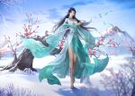  1girl bare_legs bare_tree black_hair blue_sky doupo_cangqiong dress flower green_dress hair_ornament high_heels highres holding holding_sheath long_hair long_sleeves mountain reverse_grip sheath sky snow solo tree yun_yun_(doupo_cangqiong) yun_yun_guan_bo 