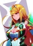  1girl absurdres armor bangs blonde_hair breasts cleavage dress elbow_gloves gloves glowing highres long_hair mythra_(xenoblade) open_mouth pauldrons shoulder_armor solo tiara toto_(toto70811) upper_body white_dress white_gloves xenoblade_chronicles_(series) xenoblade_chronicles_2 yellow_eyes 