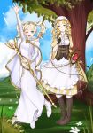  2girls apron arm_up bad_link beforedreams blonde_hair blue_eyes blue_sky boots cape cloud corset cosplay costume_switch day dress fire_emblem fire_emblem:_the_sacred_stones fire_emblem_awakening flower full_body grey_footwear hand_on_own_chest heart high_heel_boots high_heels highres holding holding_staff knee_boots lissa_(fire_emblem) lissa_(fire_emblem)_(cosplay) long_dress long_hair long_sleeves looking_at_another looking_at_viewer multiple_girls natasha_(fire_emblem) natasha_(fire_emblem)_(cosplay) one_eye_closed open_mouth outdoors puffy_short_sleeves puffy_sleeves short_sleeves sky smile staff standing tree twintails waist_apron white_apron white_cape white_dress white_flower white_footwear white_headwear yellow_dress 