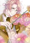  1boy ascot bangs blonde_hair blurry brown_ascot collared_shirt depth_of_field dress_shirt falling_petals fingernails flower gerbera glasses green_eyes highres holding holding_flower instrument jacket looking_at_viewer male_focus music official_alternate_costume orange_flower parted_bangs petals pink_flower playing_instrument shinomiya_natsuki shirt short_hair smile solo suit_jacket upper_body uta_no_prince-sama vest vibrahat violin white_background white_shirt yellow_flower yellow_jacket yellow_vest 