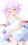  1girl absurdres bimmy blush choker d-pad d-pad_hair_ornament hair_ornament highres neptune_(neptune_series) neptune_(series) on_bed pillow purple_eyes purple_hair purple_ribbon ribbon shirt short_hair sitting sitting_on_bed sleepy solo 