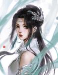  1girl black_hair blue_eyes doupo_cangqiong earrings face from_side hair_ornament heise_jinsanjiao_sheng highres jewelry long_hair looking_back open_mouth solo tassel tassel_earrings teeth upper_body yun_yun_(doupo_cangqiong) 