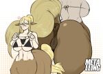  1girl abstract_background angry animal_ears anus artist_name ass bikini bikini_top_only black_panties blonde_hair blush breasts brown_fur centaur centorea&#039;s_mother fat_mons from_behind green_eyes hair_bun highres holding holding_clothes horse_ears horse_tail mature_female metalling monster_girl monster_musume_no_iru_nichijou multiple_views no_panties panties puffy_anus pussy single_hair_bun solo swimsuit tail tail_raised taur thighs thong underwear 