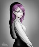  1girl absurdres eyebrows_behind_hair eyelashes from_side glasses gradient gradient_background highres instagram_username kamishiro_rize long_hair makeup marvin_(omarvin) mascara profile purple_eyes purple_hair red_lips signature solo tokyo_ghoul twitter_username upper_body 