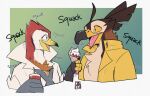  accipitrid accipitriform anthro avian beak bird clothing duo english_text exsys food hi_res jacket male male/male nigel_(exsys) popped_collar simple_background straw talon_hands text tongue tongue_out topwear winged_arms wings yellow_sclera 