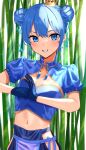  1girl alternate_costume bamboo bamboo_forest bangs blue_eyes blue_gloves blue_hair blue_ribbon blush chinese_clothes cleavage_cutout clothing_cutout crop_top crown double_bun fist_in_hand flat_chest forest gloves gold_trim grin hair_bun hair_ribbon hair_tassel highres hololive hoshimachi_suisei looking_at_viewer mini_crown nature navel puffy_short_sleeves puffy_sleeves ribbon short_sleeves smile solo stomach tassel uuroncha virtual_youtuber 