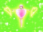  1girl bangs barefoot blue_eyes chiyoda_momo closed_mouth commentary_request eyebrows_visible_through_hair full_body green_background hair_between_eyes hair_ornament heart looking_at_viewer machikado_mazoku outstretched_arms pink_hair shirosato solo sparkle spread_arms 