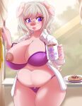  absurd_res blonde_hair bra breasts cleavage clothed clothing container cup domestic_pig eyewear female genevieve_susalee glasses hair hi_res holding_cup holding_object mammal nipple_slip panties spazzykoneko suid suina sus_(pig) thick_thighs underwear 