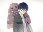  anthro bandai_namco beady_eyes black_hair blush brown_body brown_fur digimon digimon_(species) digimon_survive duo eyewear frown fur glasses hair horn human lanllan long_ears lopmon male mammal shuuji_kayama simple_background white_background 