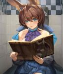  1girl absurdres amiya_(arknights) animal_ear_fluff animal_ears arknights ascot bare_shoulders black_coat blue_eyes blue_skirt book brown_hair coat collarbone donkey highres holding holding_book indoors long_hair long_sleeves open_book open_clothes open_coat open_mouth pleated_skirt purple_ascot rabbit_ears reading renleiwanyier restroom sitting skirt solo 
