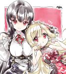  2girls atre bare_shoulders black_hair blonde_hair blush breasts closed_mouth dress ecute eyebrows_visible_through_hair flower gothic_lolita hair_flower hair_ornament jashin-chan_dropkick large_breasts lolita_fashion long_hair looking_at_viewer multiple_girls official_art open_mouth red_dress red_eyes shiny shiny_hair small_breasts smile upper_body yukiwo 