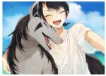  1boy :d bangs black_hair blurry blush border brendan_(pokemon) closed_eyes cloud commentary_request day happy male_focus mightyena open_mouth outdoors pokemon pokemon_(creature) pokemon_adventures shirt short_hair short_sleeves sky smile t-shirt teeth tongue water_drop wet wet_clothes wet_shirt white_border white_shirt yukin_(es) 