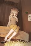  1girl barefoot black_gloves blush capri_pants covering_mouth eyebrows_visible_through_hair from_below glasses gloves grey_hair grey_sweater kemono_friends long_sleeves meerkat_(kemono_friends) meerkat_ears meerkat_tail multicolored_hair nanica26 on_bed orange_pants pants sandals sandals_removed short_hair sitting solo sweater two-tone_hair two-tone_sweater 