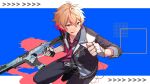  1boy absurdres blonde_hair blue_background brown_eyes closed_mouth commission gun highres holding holding_gun holding_weapon kitsune_cafe looking_at_viewer male_focus multicolored_background nanase_hr neiko_(vtuber) second-party_source short_hair skeb_commission solo tongue tongue_out virtual_youtuber weapon white_background 