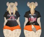  abstract_background anthro big_ears blonde_hair bones_(deermary) bottomwear butt clothed clothing deermary female front_and_back fully_clothed hair hyaenid mammal markings orange_bottomwear orange_clothing orange_shorts ponytail pubic_mound shorts solo spots spotted_markings text text_on_clothing thick_thighs wide_hips yellow_eyes 