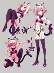  1girl animal_ear_headwear animal_ears armpits black_bow black_panties blue_eyes bow cat_ears cat_tail chiyoda_momo commentary_request dark_persona detached_collar fishnet_legwear fishnets flat_chest full_body fumitan_(humitan) garter_straps heart high_heels highres looking_at_viewer machikado_mazoku multiple_views navel panties pink_hair pubic_tattoo red_bow short_hair short_twintails tail tattoo thighhighs twintails underwear wand wrist_cuffs 