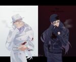  2boys akai_shuuichi bangs beanie belt between_fingers black_gloves black_headwear black_jacket black_shirt blood blood_on_clothes blood_on_face character_name cigarette closed_mouth coat contrast cowboy_shot dated gin_(meitantei_conan) gloves grey_shirt hair_between_eyes hand_up hat highres holding holding_cigarette jacket long_hair long_sleeves looking_away looking_to_the_side male_focus meitantei_conan mirror_writing moyhconan multiple_boys red_background shirt smoke smoking sunglasses tight tight_shirt trench_coat turtleneck very_long_hair white_background white_hair white_headwear wiping_face zipper 