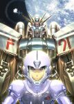  1boy bangs blue_eyes blue_hair commentary f91_gundam flower glowing glowing_eyes gundam gundam_f91 helmet looking_at_viewer male_focus mecha mobile_suit moon pilot_suit science_fiction seabook_arno signature space totthii0081 upper_body v-fin white_flower 
