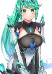  1girl absurdres bangs breasts chest_jewel earrings gloves greek_text green_eyes green_hair headpiece highres jewelry large_breasts long_hair pneuma_(xenoblade) ponytail simple_background solo swept_bangs tiara very_long_hair white_background xenoblade_chronicles_(series) xenoblade_chronicles_2 yuda_nf 