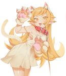  1girl :d animal_ears animal_hands armpits bare_shoulders blonde_hair cat_ears cat_paws collar dress fangs kurokiri6630 leash long_hair looking_at_viewer monogatari_(series) oshino_shinobu simple_background smile solo white_background white_dress yellow_eyes 