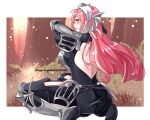  1girl armor back back_turned bangs breasts brown_eyes cherche_(fire_emblem) closed_mouth fire_emblem fire_emblem_awakening headdress highres kneeling large_breasts long_hair looking_at_viewer minty_cupcakes pink_hair 