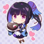  1girl apron black_hair black_skirt blue_hair blush boots brown_footwear chibi closed_mouth cross-laced_footwear food frilled_apron frills full_body hair_intakes heart holding holding_plate japanese_clothes karasuba_(prima_doll) kimono lace-up_boots long_hair long_sleeves looking_at_viewer multicolored_hair nakamura_hinato outline plate pleated_skirt prima_doll_(anime) purple_background purple_eyes purple_hair purple_kimono sidelocks skirt solo two-tone_hair very_long_hair wa_maid waitress white_apron white_outline wide_sleeves yagasuri 