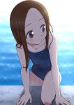  1girl absurdres bangs brown_eyes brown_hair commentary_request competition_school_swimsuit flat_chest forehead highres hokahoka_yudoufu karakai_jouzu_no_takagi-san long_hair looking_to_the_side medium_hair parted_bangs poolside school_swimsuit smile solo swimsuit takagi-san wet wet_clothes wet_swimsuit 