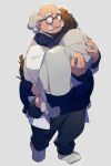  1girl 2boys agasa_hiroshi bald big_nose blanket brown_hair carrying child clinging echo_(circa) edogawa_conan facial_hair fat fat_man female_child full_body glasses grey_hair haibara_ai hug jacket labcoat long_sleeves male_child meitantei_conan multiple_boys mustache no_shoes old old_man pants princess_carry shorts sideways_glance simple_background socks thick_eyebrows walking 