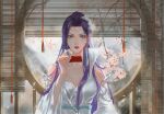  1girl absurdres blue_eyes branch cherry_blossoms collared_dress doupo_cangqiong dress earrings falling_petals hair_ornament highres hongbao jewelry long_hair long_sleeves looking_at_viewer necklace petals purple_hair solo tassel tassel_earrings upper_body windowsill yun_yun_(doupo_cangqiong) yun_yun_guan_bo 