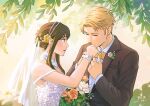  1boy 1girl artist_name bare_arms bare_shoulders black_hair black_suit blonde_hair bouquet bow bowtie bridal_veil closed_eyes collared_shirt commentary dress english_commentary felia_hanakata flower formal hair_flower hair_ornament holding holding_bouquet husband_and_wife kiss kissing_hand long_sleeves parted_lips red_eyes shirt short_hair sidelocks spy_x_family standing suit traditional_bowtie twilight_(spy_x_family) veil wedding wedding_dress white_dress white_shirt yellow_bow yellow_bowtie yor_briar 