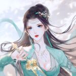  1girl black_hair blue_eyes clothing_cutout cloud cloudy_sky doupo_cangqiong dress earrings glint green_dress hair_ornament highres jewelry long_hair long_sleeves necklace sky solo sword tassel tassel_earrings upper_body weapon yun_yun_(doupo_cangqiong) yun_yun_guan_bo 