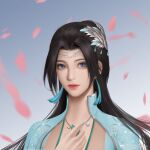  1girl absurdres black_hair blue_eyes blue_sky collar doupo_cangqiong dress earrings face falling_petals green_dress hair_ornament hand_on_own_chest highres jewelry long_hair necklace petals sky solo tassel upper_body yu_jie_fengshuang_zhu yun_yun_(doupo_cangqiong) 