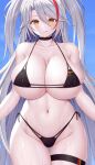  1girl absurdres asamura_hiori azur_lane bangs bare_shoulders bikini black_bikini blue_background blush breasts choker cleavage collarbone commentary_request eyebrows_visible_through_hair highleg highleg_bikini highres huge_breasts lips long_hair looking_at_viewer mole mole_on_breast multicolored_hair navel official_alternate_costume prinz_eugen_(azur_lane) prinz_eugen_(unfading_smile)_(azur_lane) red_hair shiny shiny_hair shiny_skin simple_background solo stomach swimsuit thigh_strap thighs tongue tongue_out water water_drop white_hair 