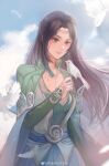  1girl bird black_hair blue_sky breasts clothing_cutout cloud collared_cape doupo_cangqiong dress green_dress hair_ornament highres long_hair long_sleeves looking_down sky smile solo upper_body yan_lingjiao_zhuye yun_yun_(doupo_cangqiong) 