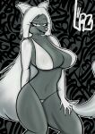  absurd_res anthro belly big_breasts big_butt black_eyebrows black_eyelashes black_eyeliner black_eyes black_makeup blue_tongue bra breasts butt clothed clothing digital_drawing_(artwork) digital_media_(artwork) eyebrows eyelashes eyeliner female fingers fluffy fluffy_tail fur grey_body grey_fur grey_skin hair hand_behind_back hand_on_leg hi_res huge_breasts long_hair long_tail looking_at_viewer makeup multicolored_body multicolored_fur multicolored_skin narrowed_eyes navel nipple_outline open_mouth panties pupils raised_eyebrow sharp_teeth signature slit_pupils smile smiling_at_viewer solo standing teeth thong tongue underwear urbanica white_body white_bra white_clothing white_ears white_fur white_hair white_nose white_panties white_skin white_tail white_underwear 