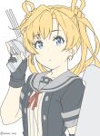  1girl abukuma_(kancolle) adapted_turret black_gloves black_jacket blonde_hair blue_eyes cannon double_bun gloves grey_sailor_collar hair_between_eyes hair_bun hair_rings jacket kantai_collection long_hair looking_at_viewer ninimo_nimo one-hour_drawing_challenge partially_fingerless_gloves sailor_collar school_uniform serafuku short_sleeves solo turret upper_body 