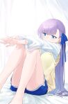  1girl bangs blue_eyes blue_ribbon blue_shorts blush breasts casual coffeekite dolphin_shorts fate/extra fate/extra_ccc fate/grand_order fate_(series) hair_ribbon highres knees_up long_hair long_sleeves meltryllis_(fate) purple_hair ribbon shirt short_shorts shorts sitting small_breasts solo very_long_hair vest white_shirt yellow_vest 