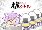  1girl 4others :3 animal_ear_fluff animal_ears bowl cat_ears cat_girl closed_eyes collar commentary_request eighth_note fang flying_sweatdrops food holding holding_bowl hololive matarou_(matarou072) multiple_others musical_note nekomata_okayu noodles onigirya_(nekomata_okayu) pot purple_hair steam striped_bodysuit sweat towel translation_request v 