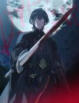  1boy armor armored_dress bangs black_hair blood blood_on_weapon blurry blurry_foreground byleth_(fire_emblem) byleth_(fire_emblem)_(male) cape closed_mouth dress fire_emblem fire_emblem:_three_houses frown gauntlets green_eyes grey_cape grey_dress hair_between_eyes highres holding holding_sword holding_weapon looking_at_viewer mami_(apsaras) shiny shiny_hair short_hair shoulder_armor solo sword weapon 