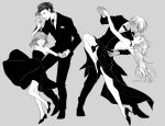  2boys 2girls age_difference akai_shuuichi amuro_tooru arm_up backless_dress backless_outfit bare_arms bare_shoulders bob_cut bow bowtie breasts choker collared_shirt dancing dark-skinned_male dark_skin dress eye_contact female_child formal full_body greyscale haibara_ai height_difference high_heels hnz0926 holding_hands knee_up leaning_back long_hair long_sleeves looking_at_another looking_away looking_down looking_up meitantei_conan monochrome multiple_boys multiple_girls outstretched_arm pants profile shirt shoes short_hair smile strapless strapless_dress suit vermouth_(meitantei_conan) 