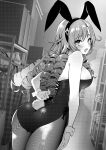  1girl animal_ears arm_behind_back ass bangs bare_arms bare_shoulders blush breasts drill_hair fake_animal_ears fake_tail from_behind greyscale hairband highres hyakumantenbara_salome indoors large_breasts leotard long_hair looking_at_viewer looking_back monochrome nijisanji open_mouth pantyhose playboy_bunny rabbit_ears rabbit_tail sakayama_shinta solo strapless strapless_leotard tail virtual_youtuber white_background 