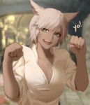  1girl absurdres animal_ears aqua_eyes avatar_(ff14) bangs blurry blurry_background breasts buttons cat_ears cleavage collarbone dark-skinned_female dark_skin dress_shirt facial_mark fangs final_fantasy final_fantasy_xiv frenchvanillu hands_up highres medium_hair miqo&#039;te open_mouth parted_bangs partially_unbuttoned paw_pose plunging_neckline shirt smile solo upper_body whisker_markings 