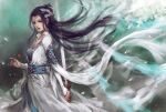  black_hair doupo_cangqiong dress falling_petals from_side hair_bun hair_ornament highres long_hair long_sleeves open_mouth petals reverse_grip sash solo sword sword_behind_back teeth upper_body weapon white_dress yun_yun_(doupo_cangqiong) yun_yun_guan_bo 