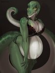  2020 3:4 anthro areola bald bedroom_eyes belly belly_scales big_breasts bra breast_squish breasts burgess_shale_(lucidum) claws clothed clothing curled_tail curvy_figure dinosaur dromaeosaurid female green_body green_scales grin grinning_at_viewer hand_on_thighs hi_res humanoid iridescent iridescent_scales lingerie long_tail narodii narrowed_eyes naughty_face navel pinup pose pregnant reptile scales scalie seductive sharp_claws sharp_teeth signature simple_background skimpy smile snout solo squish standing teeth theropod thick_tail thick_thighs underwear velociraptor voluptuous white_body white_scales wide_hips yellow_eyes 