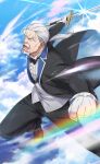  1boy black_pants blue_eyes butler cloud cloudy_sky facial_hair frilled_sleeves frills gloves grey_hair highres holding holding_sword holding_weapon long_sleeves looking_at_viewer low_ponytail male_focus mustache official_art old old_man open_mouth outdoors pants rainbow re:zero_kara_hajimeru_isekai_seikatsu sky sword weapon white_gloves wilhelm_(re:zero) 