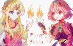  bangs black_gloves blonde_hair blue_eyes breasts chest_jewel crossover earrings fingerless_gloves gloves headpiece highres jewelry large_breasts maruta_maruta pointy_ears princess_zelda pyra_(xenoblade) red_eyes red_hair short_hair swept_bangs the_legend_of_zelda tiara xenoblade_chronicles_(series) xenoblade_chronicles_2 
