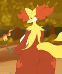  2022 anthro big_breasts big_butt big_ears breasts bustingmangos butt canid clothing curvy_figure delphox digital_media_(artwork) dress facial_tuft female fire forest fur hair hi_res looking_at_viewer looking_back looking_back_at_viewer mammal nintendo orange_hair plant pok&eacute;mon pok&eacute;mon_(species) presenting presenting_hindquarters red_body red_fur side_boob smile solo stick thick_thighs tree video_games voluptuous wide_hips yellow_body yellow_fur 
