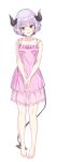  1girl absurdres bangs bare_arms bare_shoulders barefoot blush collarbone commentary_request demon_girl demon_horns demon_tail dress eyebrows_visible_through_hair frilled_dress frills full_body hair_between_eyes highres horns looking_at_viewer original own_hands_together parted_lips pink_dress pointy_ears purple_eyes purple_hair see-through short_hair simple_background sleeveless sleeveless_dress smile solo standing tail white_background yuuji_(yukimimi) 